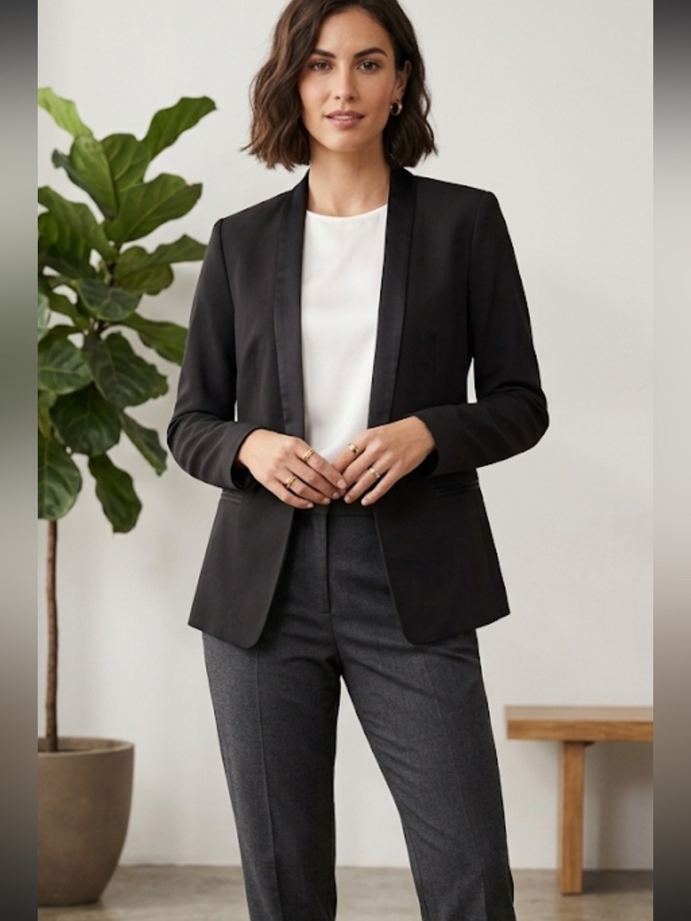 H&M Black Satin Lapel Open Front Blazer Size 8 Tailored Lightweight Classic